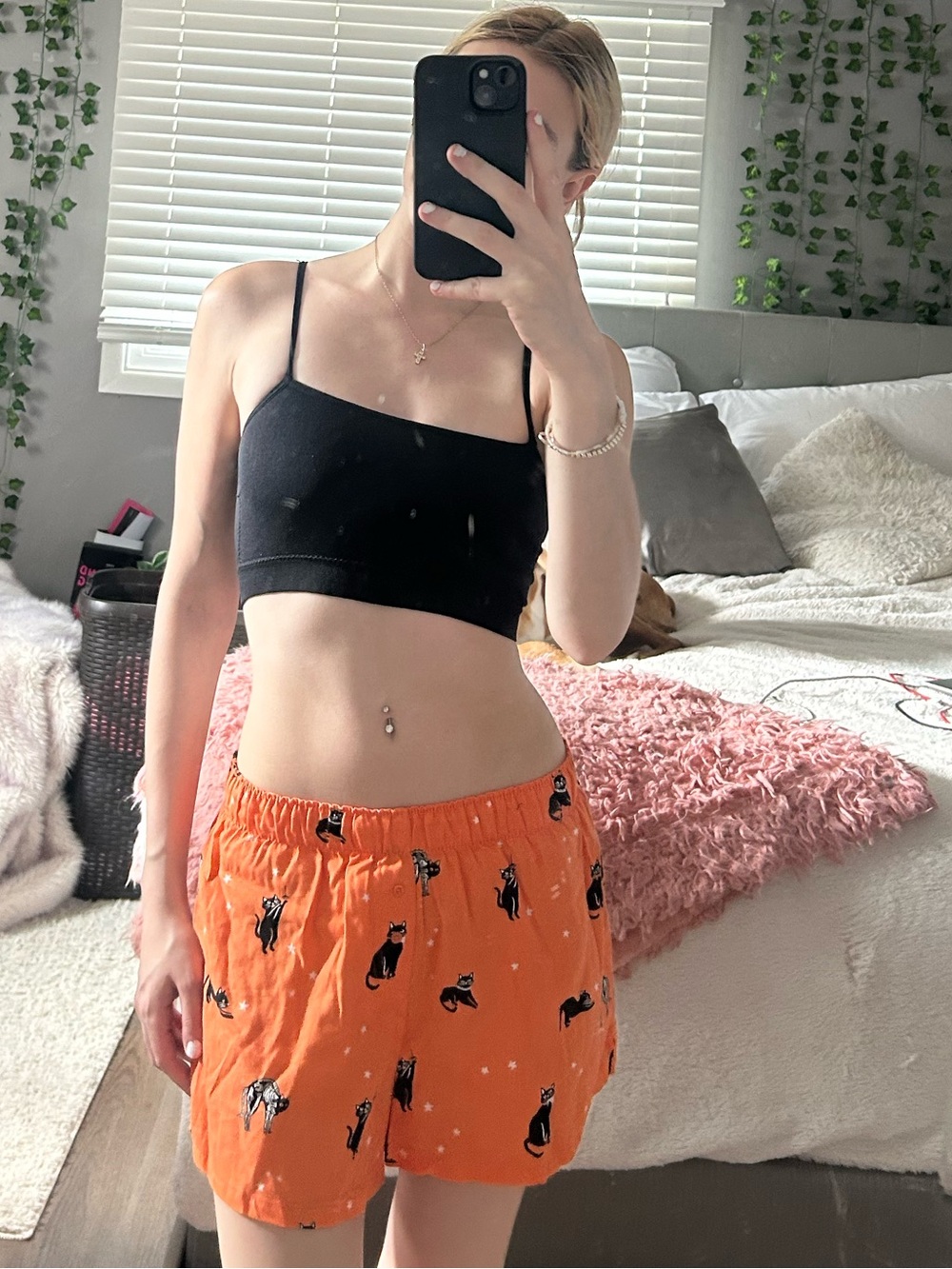 Orange and Black Cat-Print Sleep Shorts